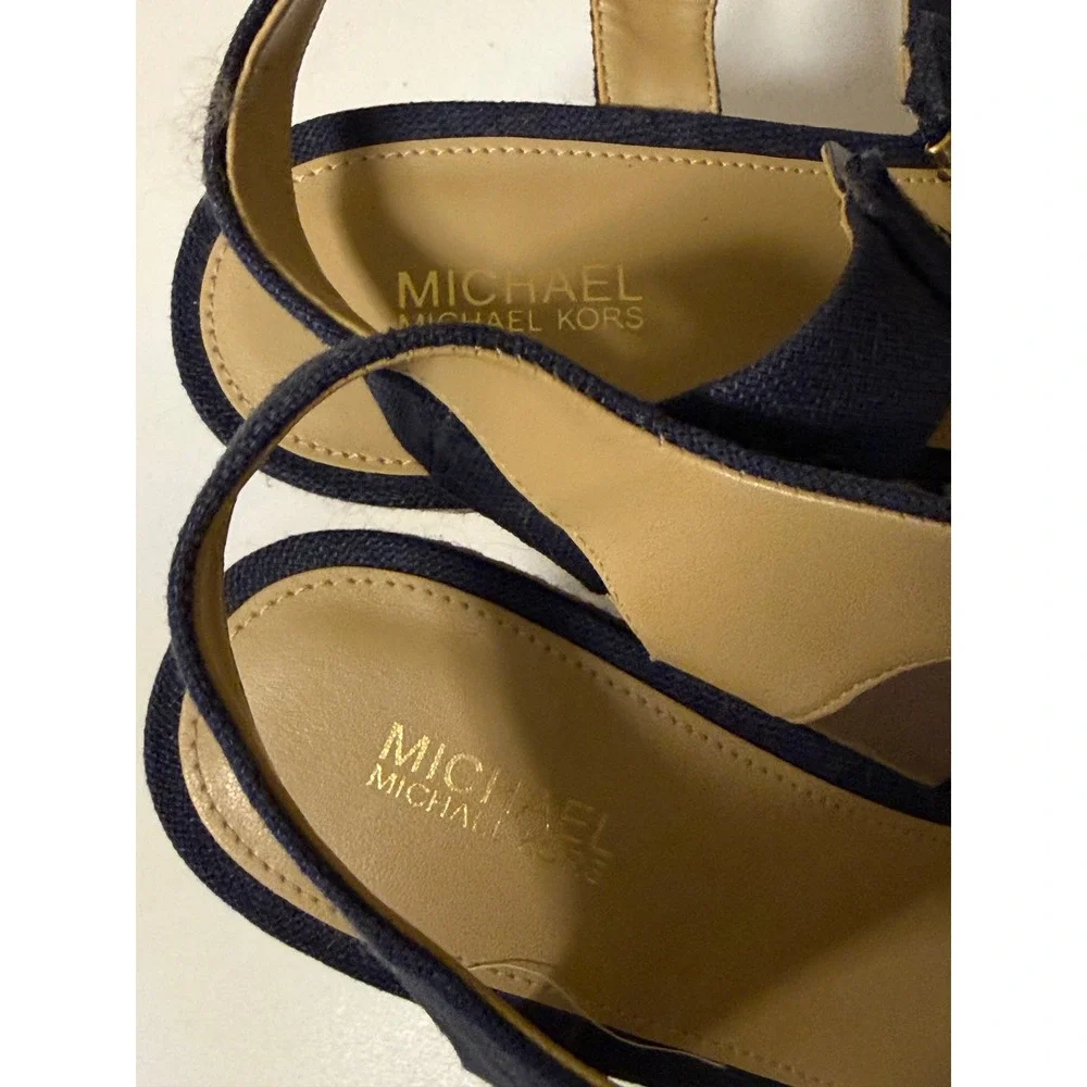 Michael Kors Navy Blue Canvas Espadrille Wedge Sandals Gold Zip Front 8.5M PW21K